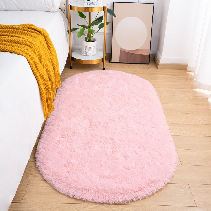 Goideal Fluffy Bedroom Rug, Small Oval Area Rugs, Pink Shag Bedside Carpet for Kids Room Nursery Dorm Cute Fuzzy Indoor Decor for Boy and Girl, 2.6 x 5.3 Feet - Image 1